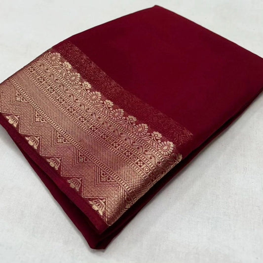 Generic Women's Crepe Chit Pallu Solid Saree With Unstitched Blouse 5.5Mtr (Maroon)