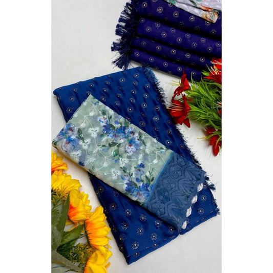 Generic Women's Printed Brasso Saree With Unstitched Blouse (Skblue, 5-6 Mtrs)