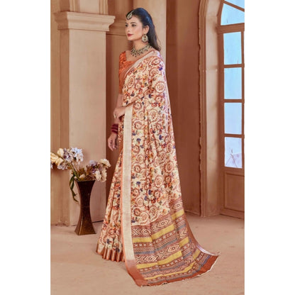 Generic Women's Printed Cotton Linen Saree withPrinted  Saree With Unstitched Blouse (Orange , 5-6Mtrs)