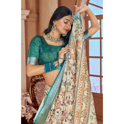Generic Women's Printed Cotton Linen Saree withPrinted  Saree With Unstitched Blouse (Green, 5-6Mtrs)