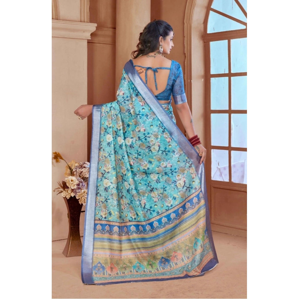 Generic Women's Printed Cotton Linen Saree withPrinted  Saree With Unstitched Blouse (Light Blue, 5-6Mtrs)