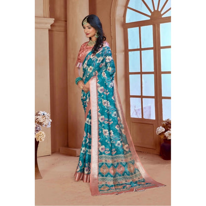 Generic Women's Printed Cotton Linen Saree withPrinted  Saree With Unstitched Blouse (Peacook Green, 5-6Mtrs)