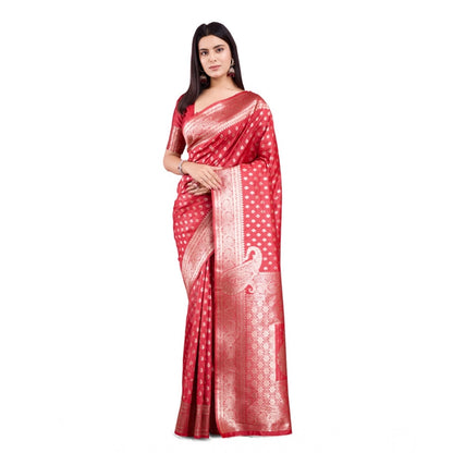 Generic Women's Banarasi Silk Printed Saree With Unstitched Blouse 5.5Mtr (Red)