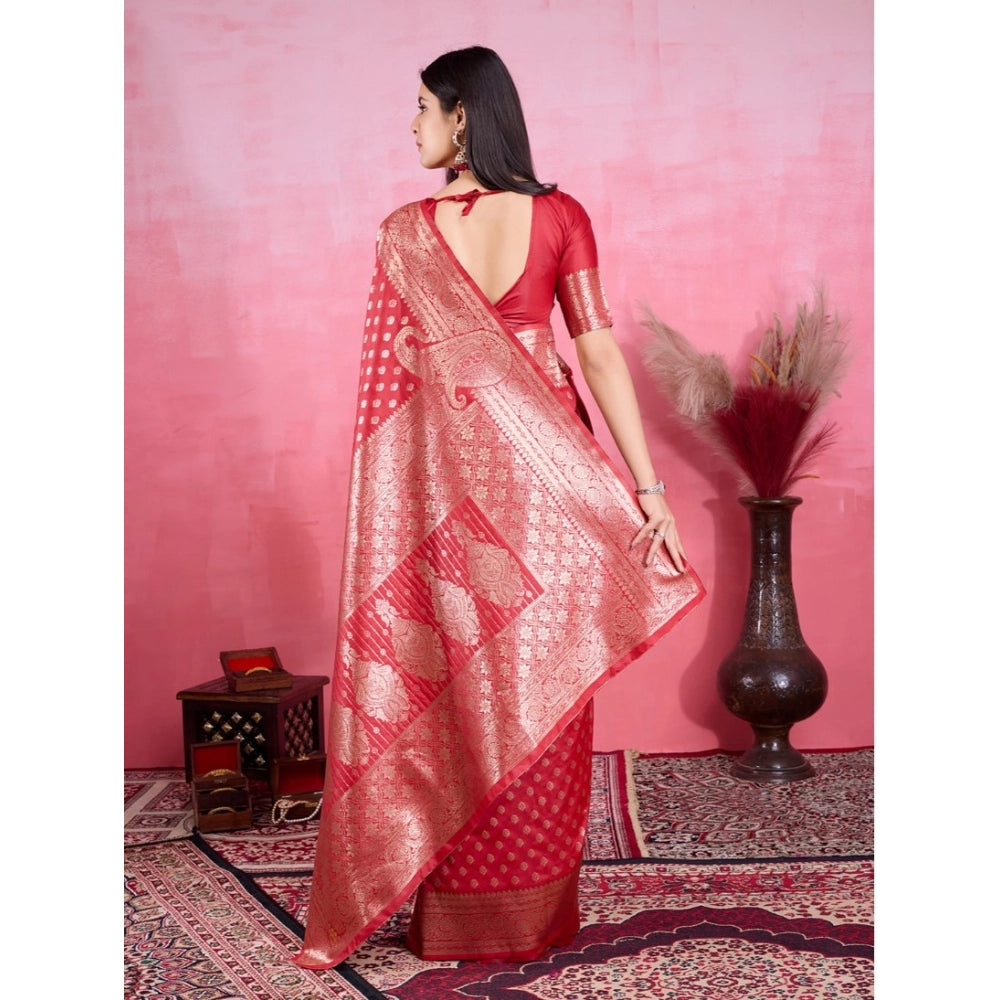 Generic Women's Banarasi Silk Printed Saree With Unstitched Blouse 5.5Mtr (Red)