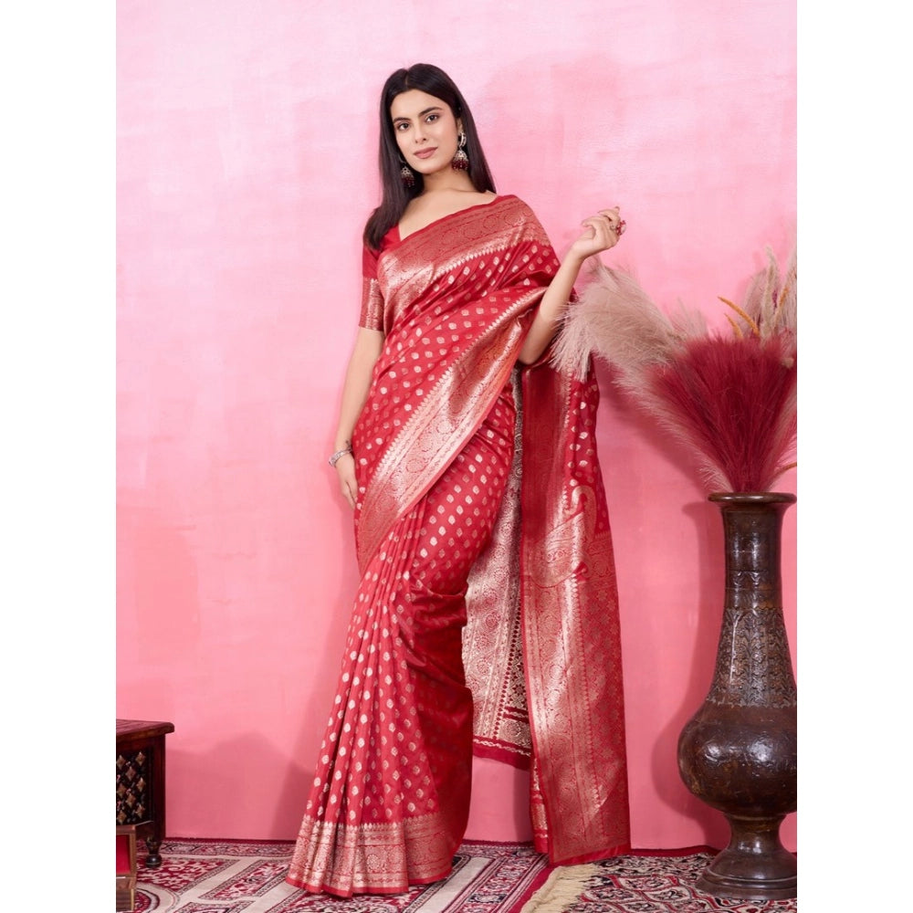Generic Women's Banarasi Silk Printed Saree With Unstitched Blouse 5.5Mtr (Red)