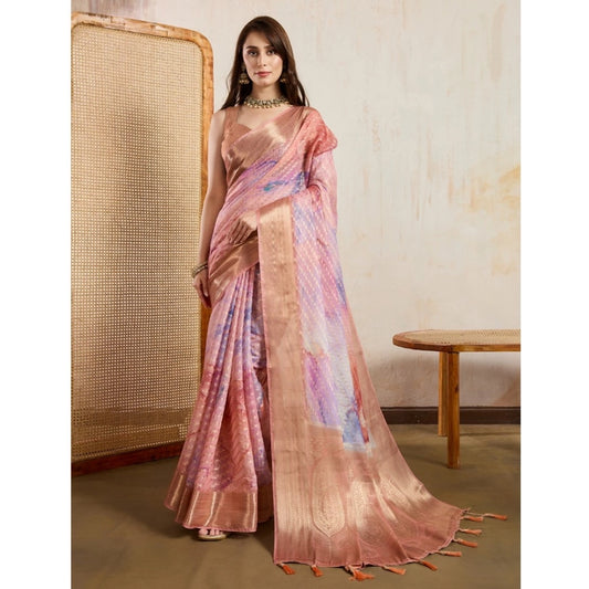 Generic Women's Viscose Printed Saree With Unstitched Blouse 5.5Mtr (Peach)