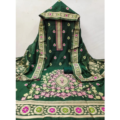 Generic Women's Banarasi Silk Printed Unstitched Salwar Suit Material With Dupatta (Bottle Green, 3Mtrs)