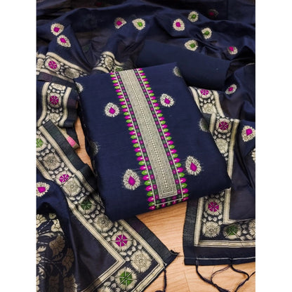 Generic Women's Banarasi Silk Printed Unstitched Salwar Suit Material With Dupatta (Navy Blue, 3Mtrs)