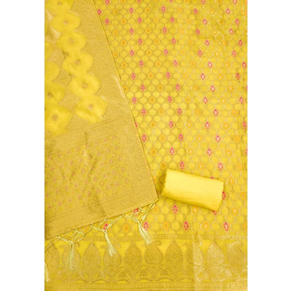 Generic Women's Banarasi Silk Printed Unstitched Salwar Suit Material With Dupatta (Yellow, 3Mtrs)