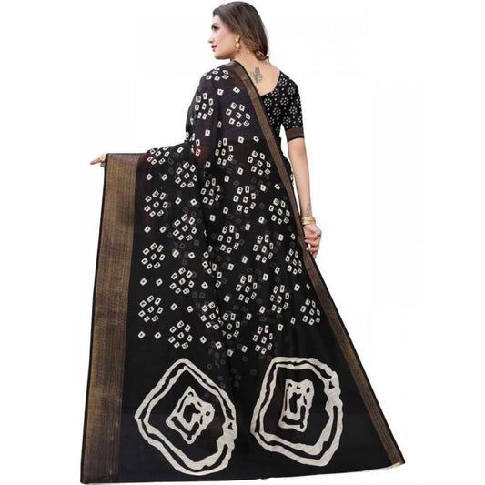 Generic Women's Cotton Silk Bandhni Saree With Unstitched Blouse 5.5Mtr (Black)