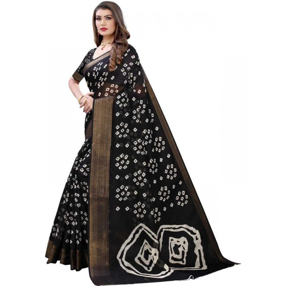 Generic Women's Cotton Silk Bandhni Saree With Unstitched Blouse 5.5Mtr (Black)