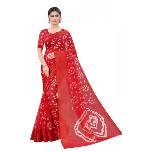 Generic Women's Cotton Silk Bandhni Saree With Unstitched Blouse 5.5Mtr (Red)