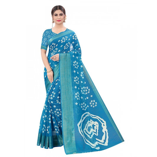Generic Women's Cotton Silk Bandhni Saree With Unstitched Blouse 5.5Mtr (Sky Blue)