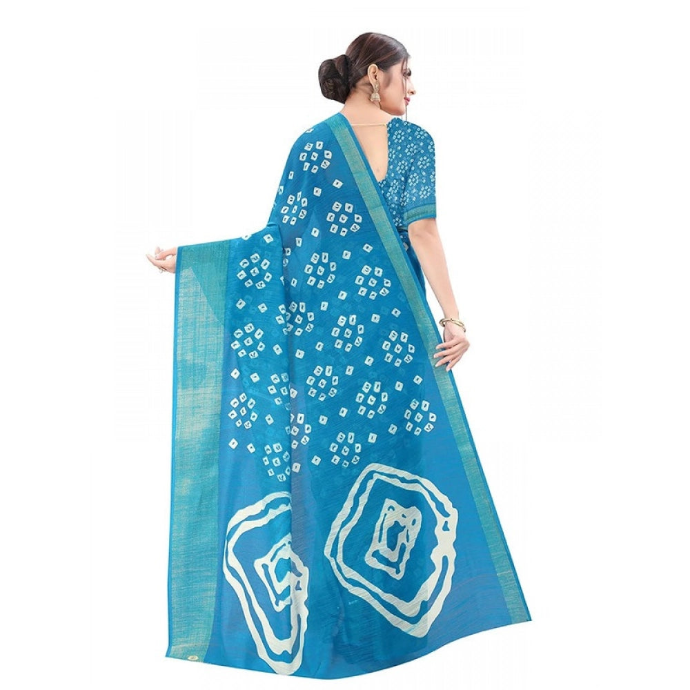 Generic Women's Cotton Silk Bandhni Saree With Unstitched Blouse 5.5Mtr (Sky Blue)