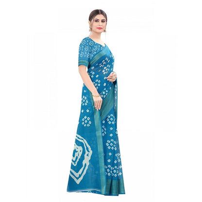 Generic Women's Cotton Silk Bandhni Saree With Unstitched Blouse 5.5Mtr (Sky Blue)