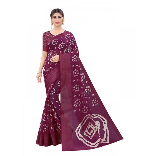 Generic Women's Cotton Silk Bandhni Saree With Unstitched Blouse 5.5Mtr (Purple)