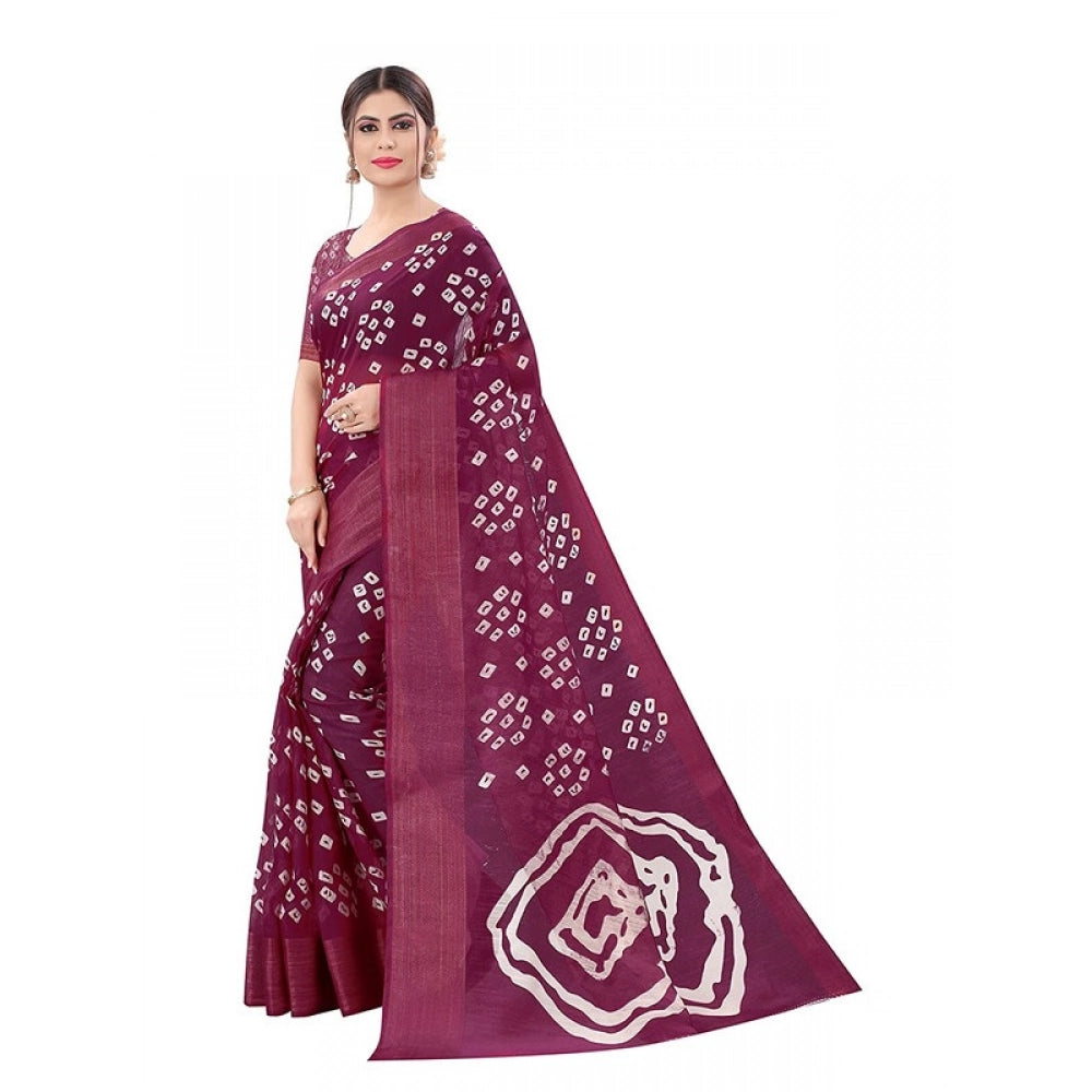 Generic Women's Cotton Silk Bandhni Saree With Unstitched Blouse 5.5Mtr (Purple)