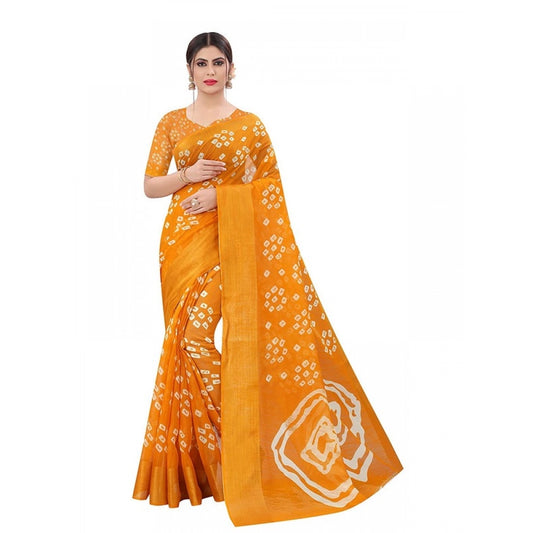 Generic Women's Cotton Silk Bandhni Saree With Unstitched Blouse 5.5Mtr (Yellow)