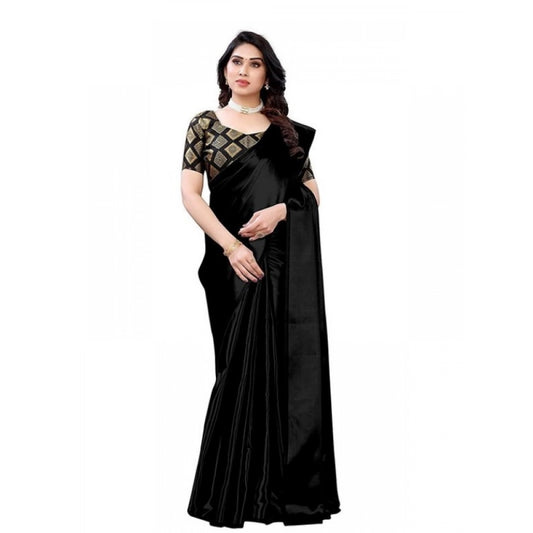 Generic Women's Satin Printed Saree With Unstitched Blouse 5.5Mtr (Black)