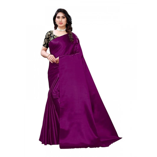 Generic Women's Satin Printed Saree With Unstitched Blouse 5.5Mtr (Purple)