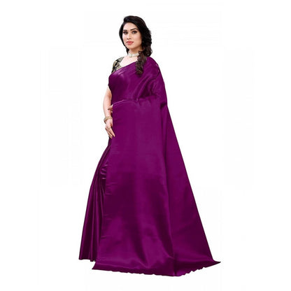 Generic Women's Satin Printed Saree With Unstitched Blouse 5.5Mtr (Purple)