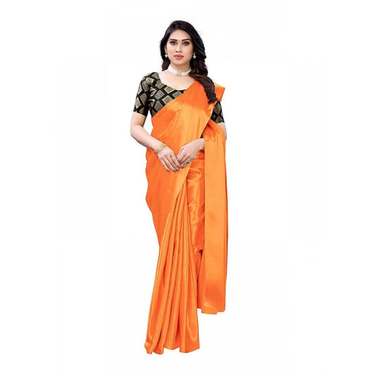 Generic Women's Satin Printed Saree With Unstitched Blouse 5.5Mtr (Mustard)