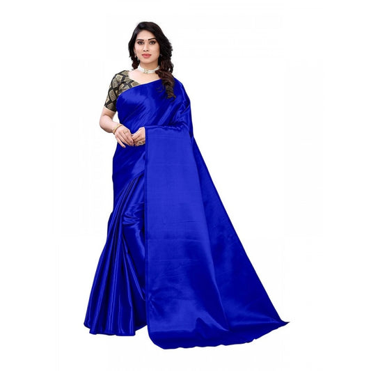 Generic Women's Satin Printed Saree With Unstitched Blouse 5.5Mtr (Royal Blue)