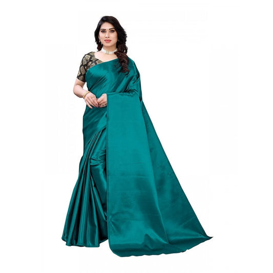 Generic Women's Satin Printed Saree With Unstitched Blouse 5.5Mtr (Teal)