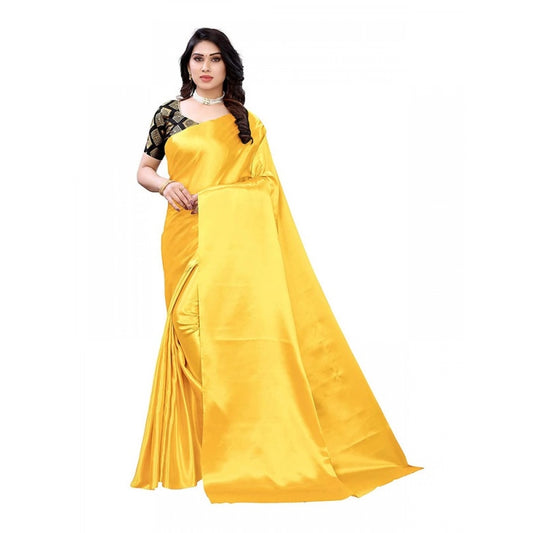 Generic Women's Satin Printed Saree With Unstitched Blouse 5.5Mtr (Yellow)