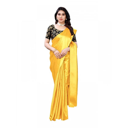 Generic Women's Satin Printed Saree With Unstitched Blouse 5.5Mtr (Yellow)