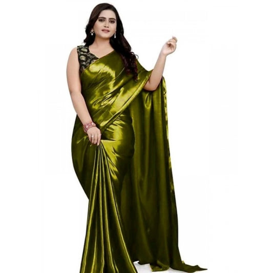 Generic Women's Satin Solid Saree With Unstitched Blouse 5.5Mtr (Green)