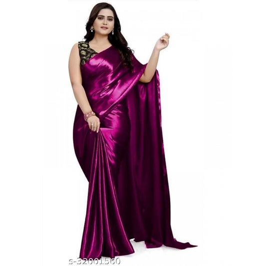Generic Women's Satin Solid Saree With Unstitched Blouse 5.5Mtr (Purple)