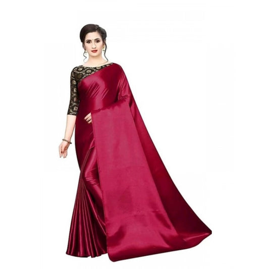 Generic Women's Satin Solid Saree With Unstitched Blouse 5.5Mtr (Maroon)