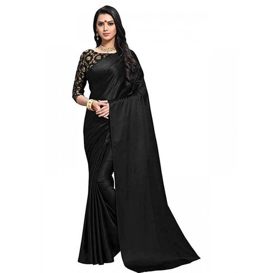 Generic Women's Satin Solid Saree With Unstitched Blouse 5.5Mtr (Black)