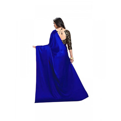 Generic Women's Satin Solid Saree With Unstitched Blouse 5.5Mtr (Blue)