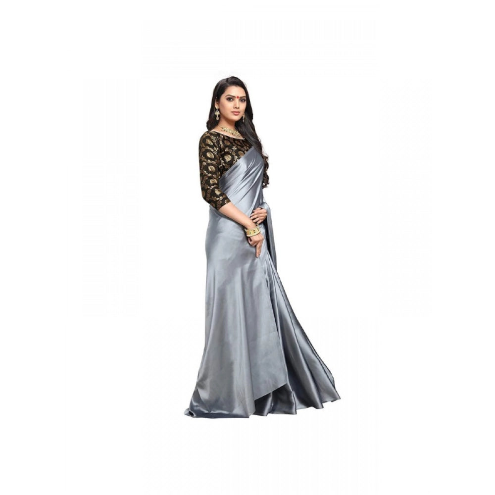 Generic Women's Satin Solid Saree With Unstitched Blouse 5.5Mtr (Grey)