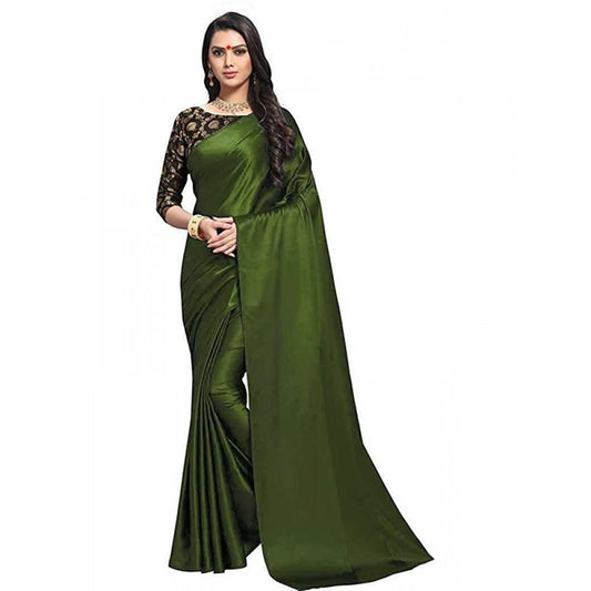 Generic Women's Satin Solid Saree With Unstitched Blouse 5.5Mtr (Mehandi)