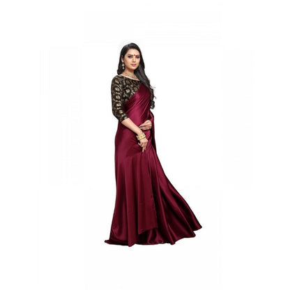 Generic Women's Satin Solid Saree With Unstitched Blouse 5.5Mtr (Maroon)