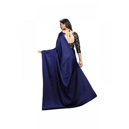 Generic Women's Satin Solid Saree With Unstitched Blouse 5.5Mtr (Navy Blue)