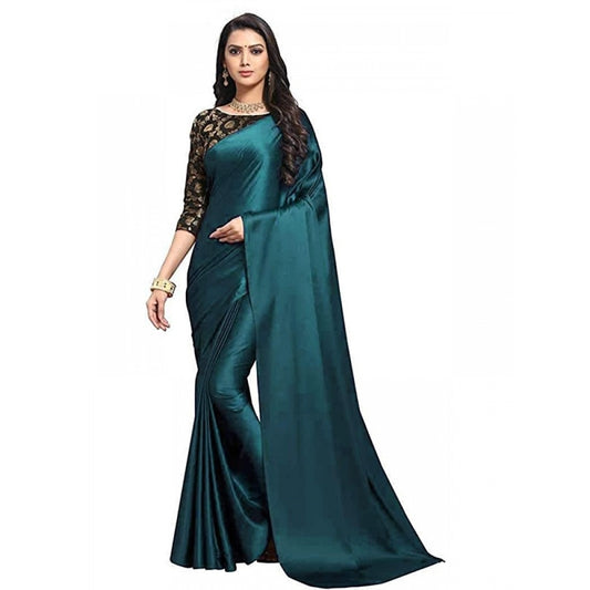 Generic Women's Satin Solid Saree With Unstitched Blouse 5.5Mtr (Turquoise)