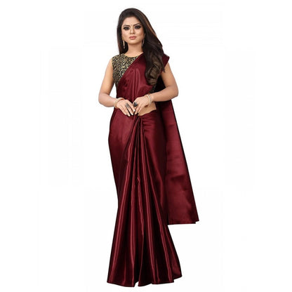 Generic Women's Satin Printed Saree With Unstitched Blouse 5.5Mtr (Maroon)